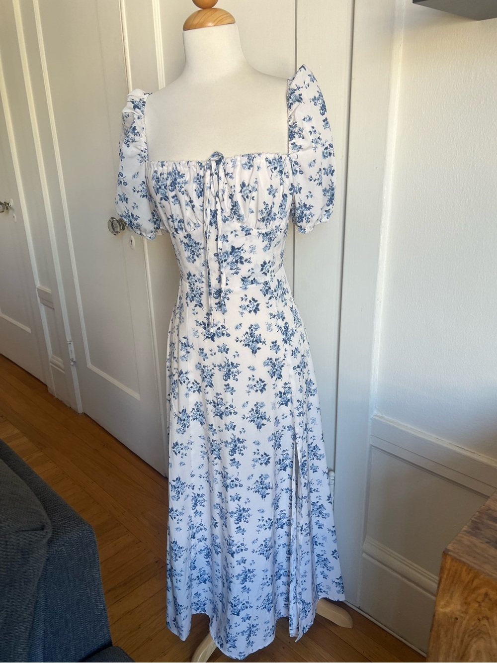 Coquette Milkmaid Maxi Dress Blue Floral Print